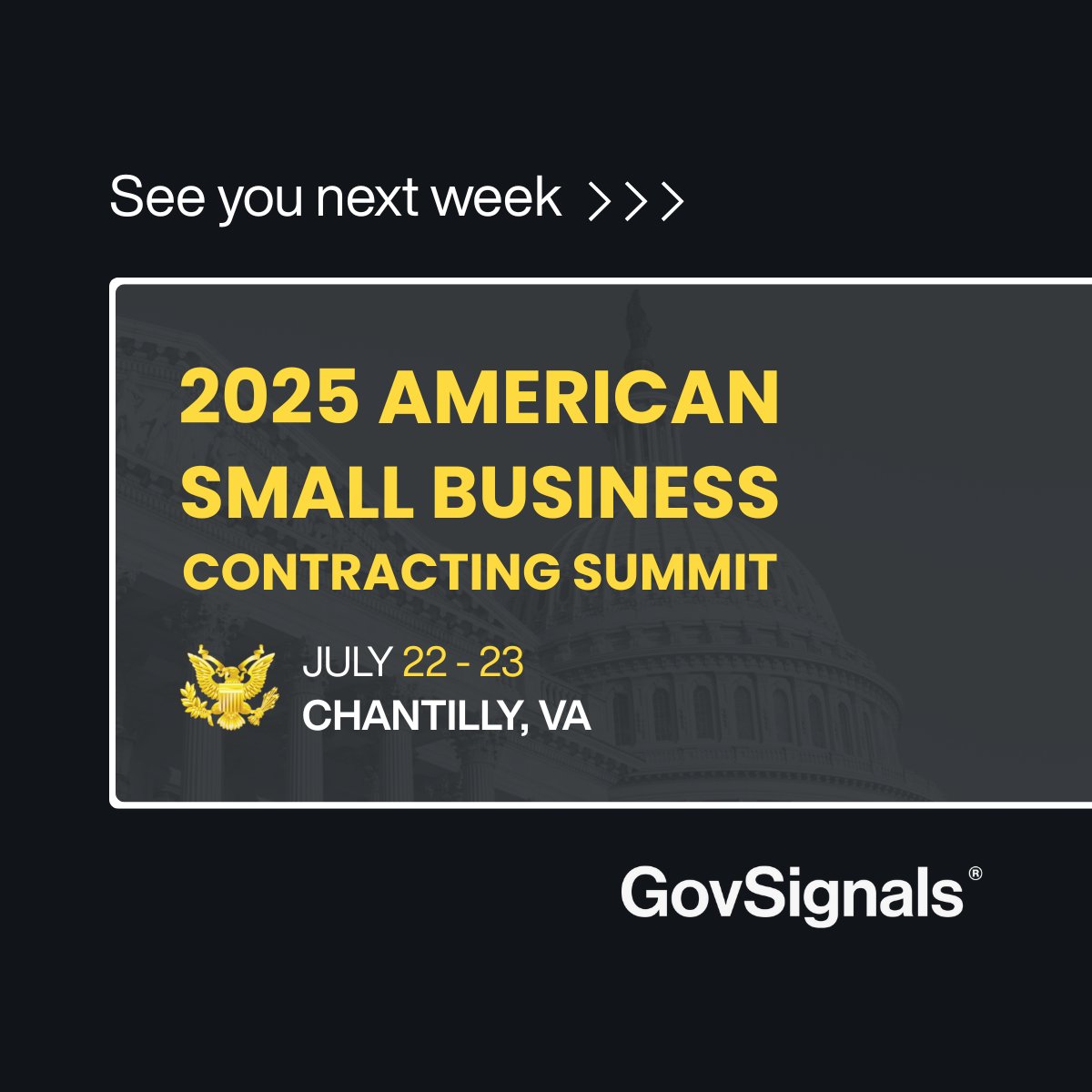 GovSignals (@govsignals) on Twitter photo <a href="/GovSignals/">GovSignals</a> is heading to the <a href="/DefenseLeader/">Defense Leadership Forum</a>'s 2025 Small Business Contracting Summit in Virginia next week 🚀
Our team will be on the ground and can’t wait to meet you all.
If you’re attending, let’s connect—send us a message or stop by our booth!
#GovCon #SmallBusiness <a href="/GovSignals/">GovSignals</a> is heading to the <a href="/DefenseLeader/">Defense Leadership Forum</a>'s 2025 Small Business Contracting Summit in Virginia next week 🚀
Our team will be on the ground and can’t wait to meet you all.
If you’re attending, let’s connect—send us a message or stop by our booth!
#GovCon #SmallBusiness