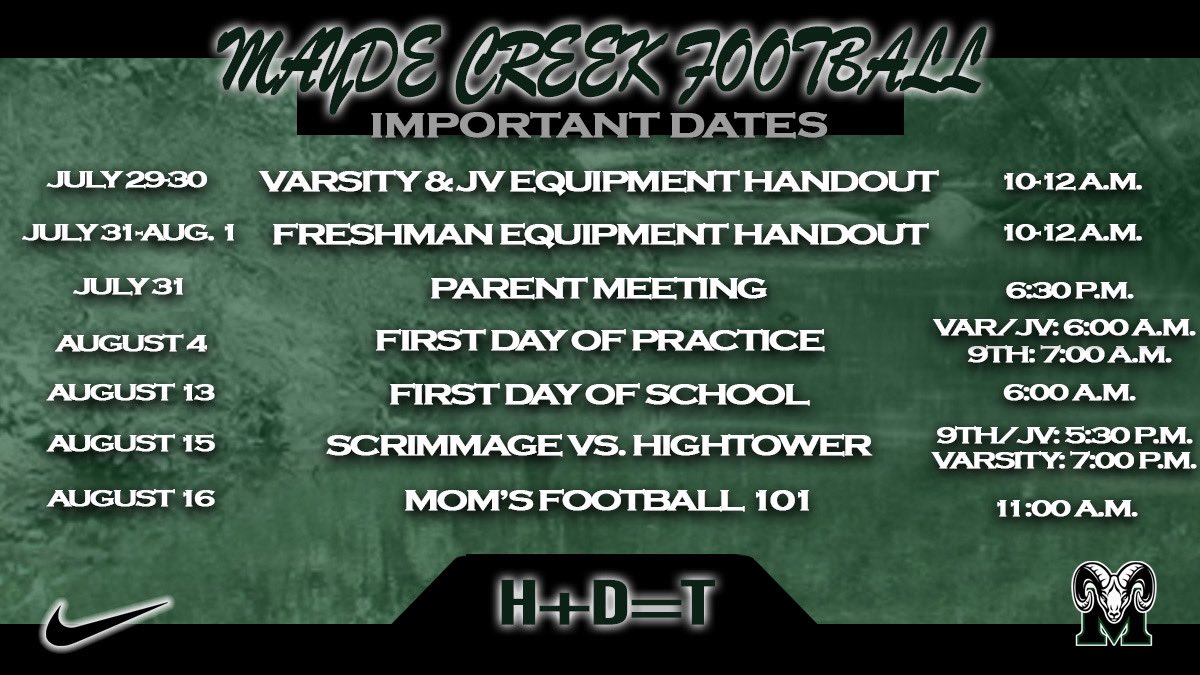 📢 MAYDE CREEK FOOTBALL – PRESEASON IMPORTANT DATES 🏈
RAM FAM — it’s TIME! Everything you need to know leading into the 2025 season is right here! 

Let’s start the season the right way — locked in, on time, and ALL IN.
📍Save this. 📣 Share this. 🐏 Be there.

#CreekMayde