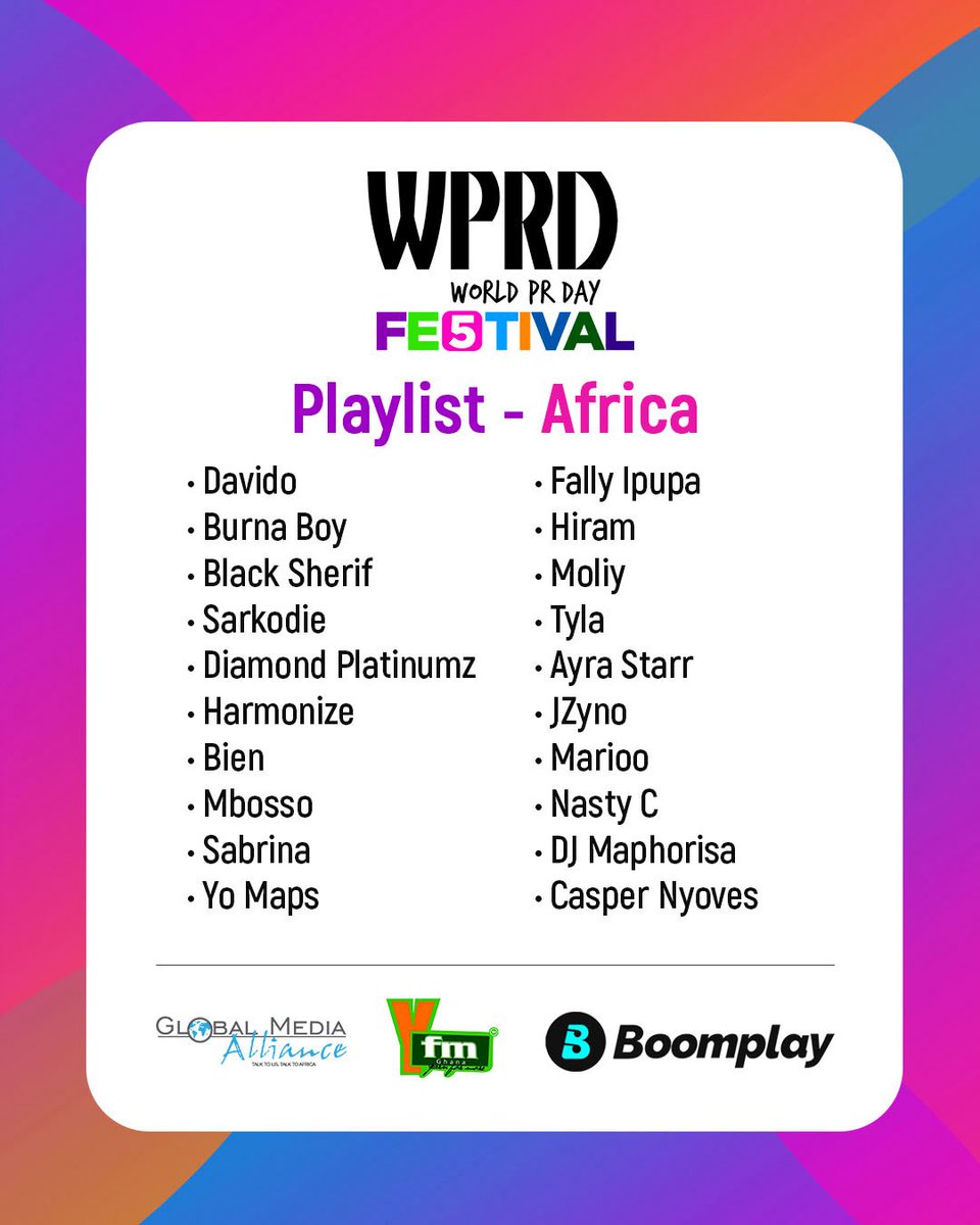 The Official Playlists to WPRDFestival2025 is here!

Get into the festival mood with our official Boomplay playlists curated to match every vibe! 🔥

Powered by YFM Ghana &amp; Global Media Alliance

Tap to listen now:
boomplay.com/playlists/2981…

boomplay.com/playlists/7354…