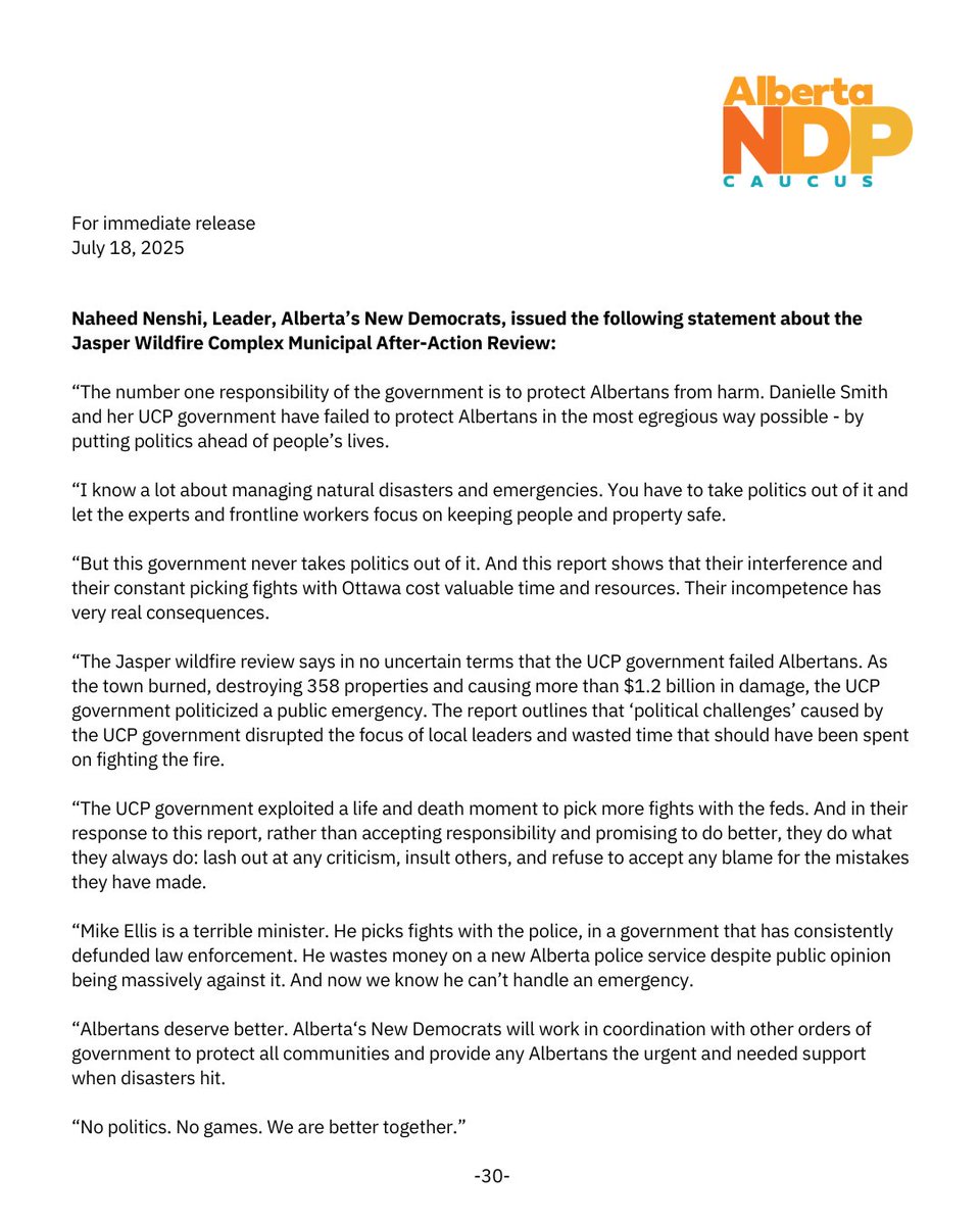 nenshi's tweet image. The Jasper Wildfire review is damningly clear about one thing: the UCP government exploited a life-and-death moment to play political games.
And in their response to this report, rather than accepting responsibility and promising to do better, they do what they always do: lash…