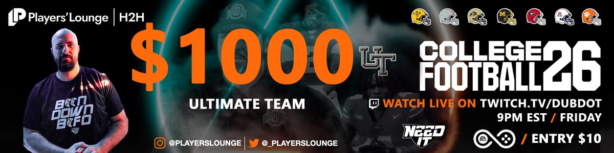 _playerslounge's tweet image. ๐จ $1000 CFB26 CUT Tournament!๐จ
๐ Hosted by @DubDotDUBBY
๐ When: 9PM ET
๐บ Watch Live: twitch.tv/dubdot
๐ท Join: playerslounge.com/r/dubby-cfb25
๐ณ $10 Entry