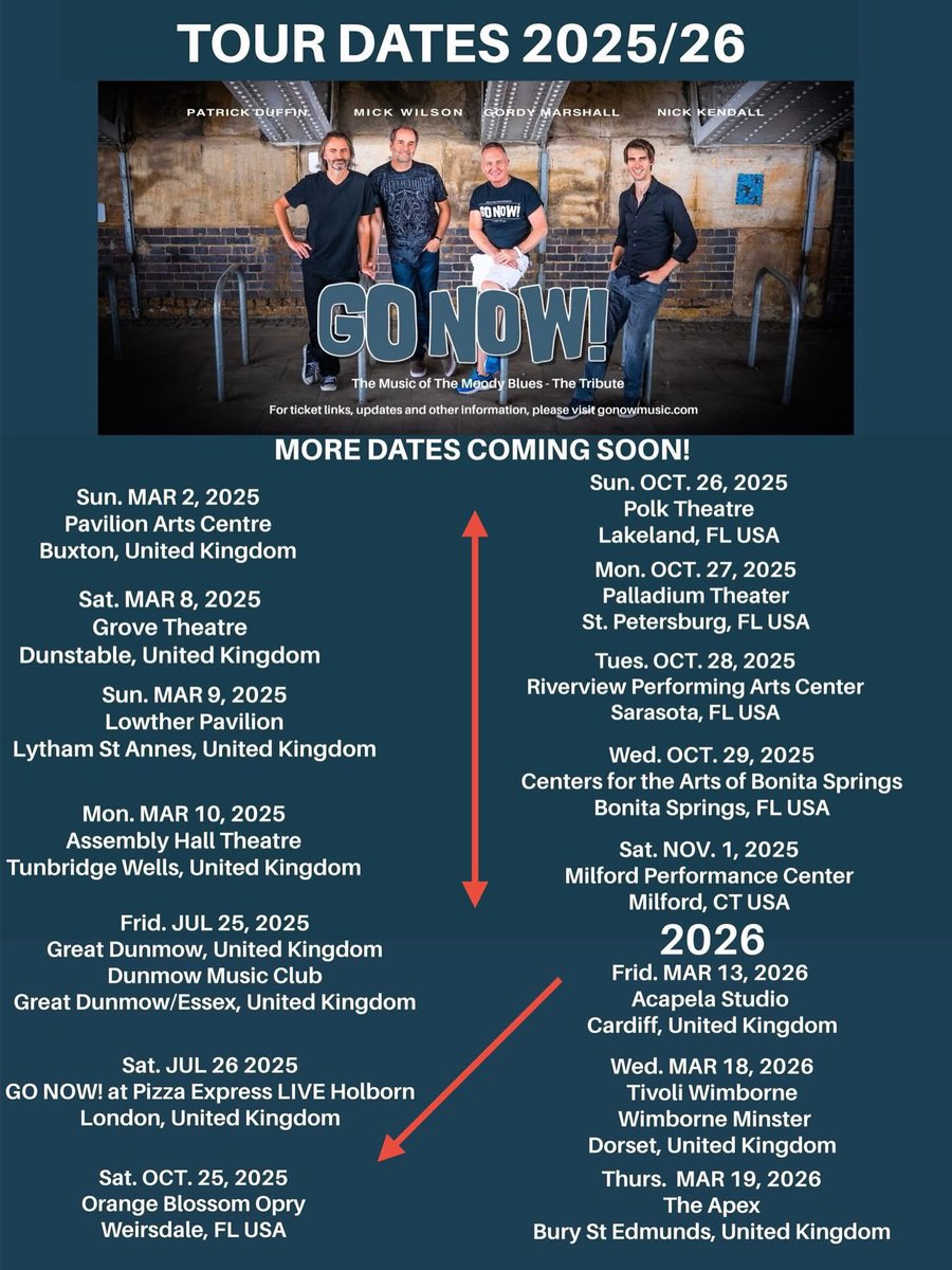 🔥 🇺🇸🇬🇧🎸🥁🎶🎤🎹🪈🔥

A HUGE thank you again to everyone for the great response to our upcoming 
GO NOW.!
2025 autumn USA tour.

For a complete list of GO NOW! tour dates ( both U.K. and USA) go here - gonowmusic.com/gig-tour-dates/
