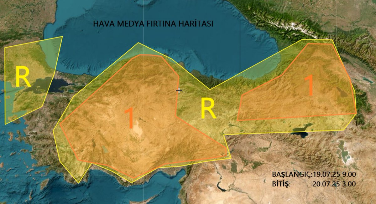 Yarın konverjans ve kararsızlık sahaları işaretli bölgelerde YEREL yağışlara sebep olacak.Yağışlar sonucunda:
1. Seviye Alan: Konvektif fırtına hamlesi ,dolu,sel ve su baskını. 
R alan: Konvektif fırtına ve su baskını 
Gibi risklere karşı dikkatli olunmalıdır ⚠️⚠️⚠️