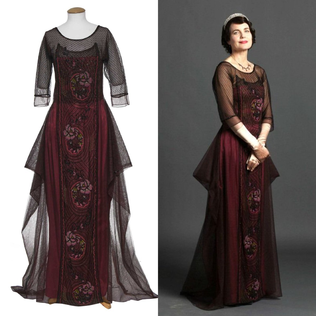 vickyhaddock's tweet image. Actress Elizabeth McGovern was born #OnThisDay in 1961. She wore this Caroline McCall designed evening gown with an elaborate floral beaded panel to the front and a black tulle overdress as Cora, Countess of Grantham, in season 3 of #DowntonAbbey. @KerryTaylorAuct #costume #dress
