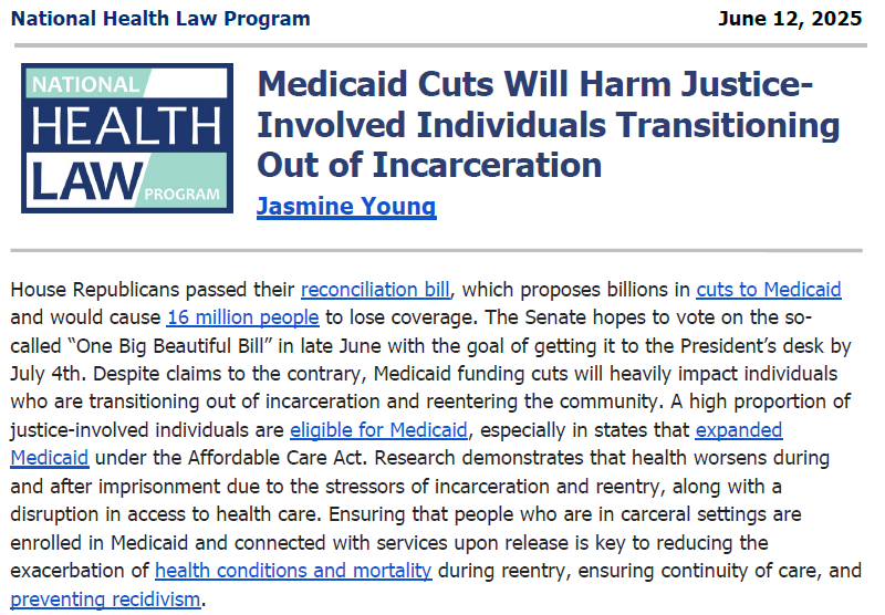 jim_mcgreevey's tweet image. High proportion of justice-involved individuals are eligible for Medicaid. Ensuring that court-involved are enrolled in Medicaid & connected with services upon release is key to reducing sickness & mortality during reentry, ensuring continuity of care, & preventing recidivism.…