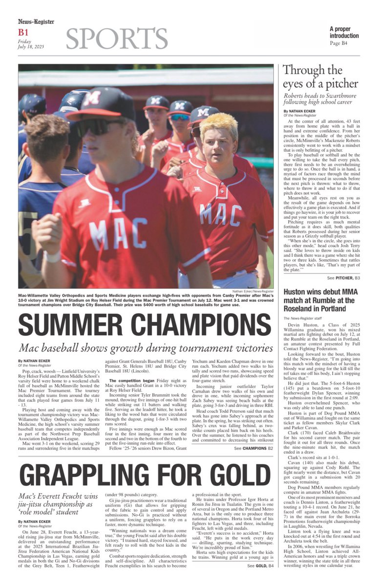 NewsRegSports's tweet image. Summer ball &amp;amp; martial arts headline the sports stories around Yamhill County this week. Zoe Brewer, Everett Feucht &amp;amp; Mackenzie Roberts were just a few to accomplish greatness. Pick up a broadsheet or read online at newsregister.com/cat-local-spor…