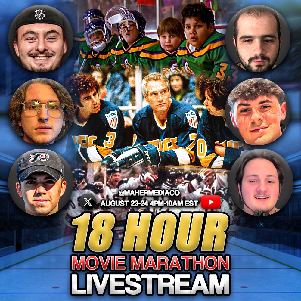 OUR BIGGEST STREAM YET 👀

18 HOURS STRAIGHT OF HOCKEY MOVIES

August 23rd-24th from 4pm-10am 🎥

Yo <a href="/_ChrisMaher/">Chris Maher</a>, <a href="/JacksonHockeyX/">Paul Jackson</a>, <a href="/roseboro_jake/">Jake Roseboro</a>, <a href="/Bobby1Hockey/">Chris Bobuk</a>, <a href="/DomTerruso/">Domenic Terruso</a>, <a href="/torrillohockey/">James Torrillo</a>, we ready?