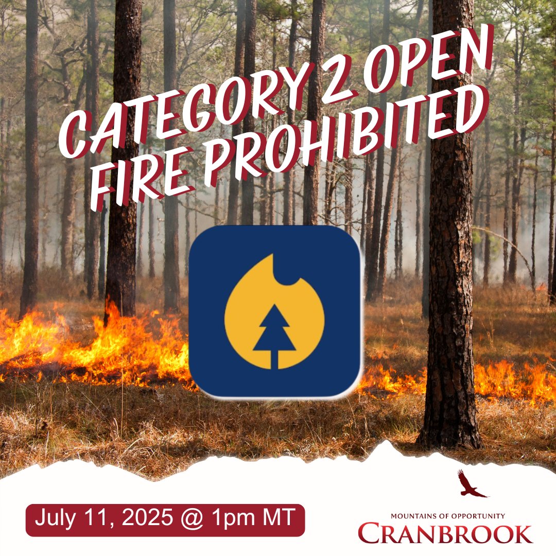 🔥 Heads up: Category 2 open fires are banned across the Southeast Fire Centre, as of last Friday, July 11th, including #Cranbrook.

🎆 No fireworks, backyard burn piles, grass burning, or  burn barrels. Campfires are still okay for now.

DETAILS: blog.gov.bc.ca/bcwildfire/cat…