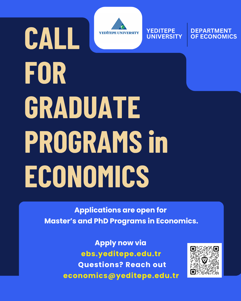 YeditepeEcon's tweet photo. 📢 Applications are now open for Master’s and PhD Programs in Economics at Yeditepe University.

📌 Apply now: https://t.co/zNEF2iqG29
📩 Questions? Reach out: economics@yeditepe.edu.tr

🔍 Scan the QR code on the image for application.

#YeditepeÜniversitesi #YeditepeUniversity https://t.co/hbhfHVGamZ