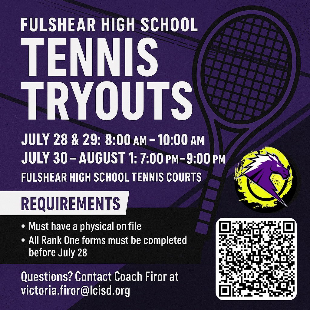 It’s time for TENNIS TRYOUTS!!! Do you want to try out for the Fulshear High School tennis team?  Well, register now via the QR code! #wearefu1shear