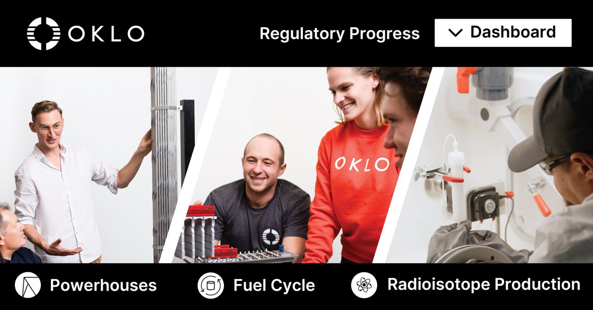 oklo's tweet image. The regulatory process can be complex, so we made it easier to follow.
Our new dashboard tracks key steps across our powerhouses, fuel recycling, and isotope production efforts—all in one place.
Explore the dashboard:
oklo.com/regulatory/def…