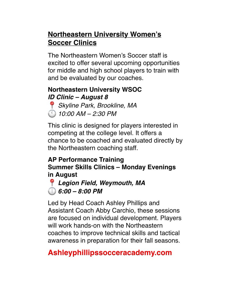 APhillips1399's tweet photo. Northeastern WSOC upcoming clinics. Offering both identification and developmental opportunities. https://t.co/MWzb6UfKsL. https://t.co/07ycVzlUrP