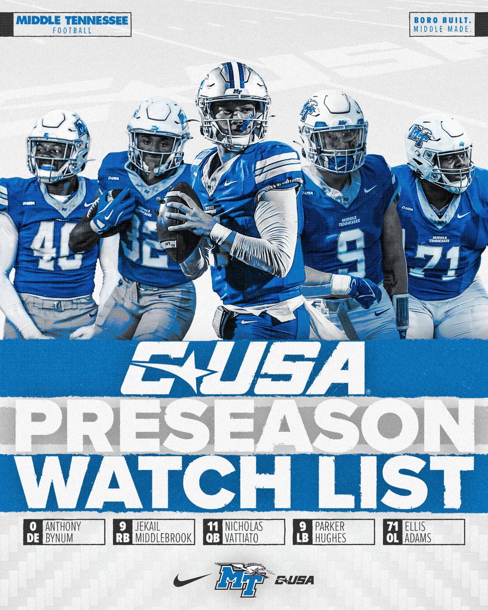Middle Tennessee Football (@mt_fb) on Twitter photo 5๏ธโฃ Blue Raiders are on the <a href="/ConferenceUSA/">Conference USA</a> Preseason Watch List!
๐ฐ goblueraiders.co/3IR7pk9
#BoroBuiltMiddleMade 5๏ธโฃ Blue Raiders are on the <a href="/ConferenceUSA/">Conference USA</a> Preseason Watch List!
๐ฐ goblueraiders.co/3IR7pk9
#BoroBuiltMiddleMade