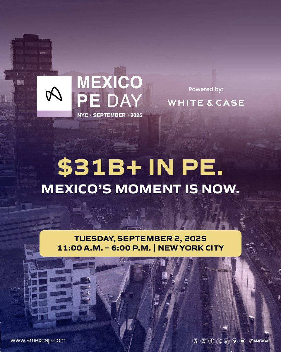 💸 Why is everyone betting on Mexico?

Over USD $31B in private equity poured in over the last 5 years.

Find out what’s driving the boom.

📍 NYC | 🗓️ Sept 2 | #MexicoPEDay
 🔗 Register now: app.registrasso.com/en/event/mexic…

#PrivateEquity #Amexcap #InvestInMexico