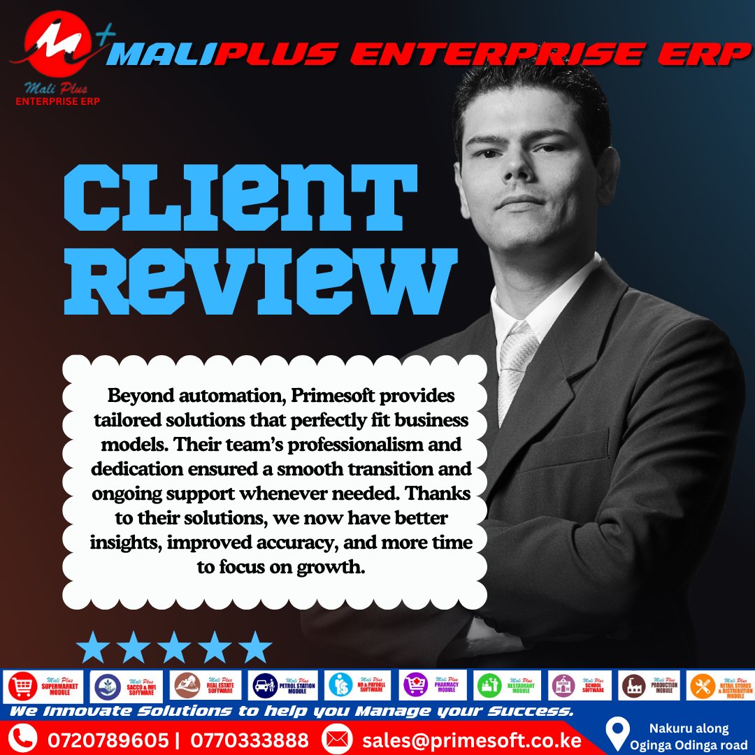 MaliPlusERP's tweet image. Tailored solutions. Smooth transition. Real results.
This is what our clients experience with Maliplus ERP by Primesoft.
Efficiency. Insight. Growth.
#PrimesoftSolutions