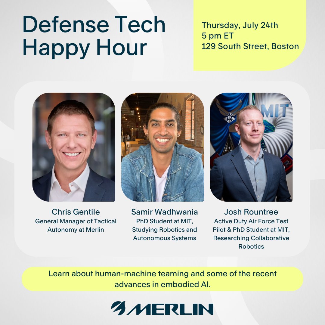 Last chance to register for our Defense Tech Happy Hour happening this Thursday, July 24th at 5 pm!

Chris Gentile, Samir Wadhwania, and Josh Rountree will discuss human-machine teaming and some of the recent advances in embodied AI. Register here. dpsvzi9q1pm.typeform.com/to/xEnnh6L5