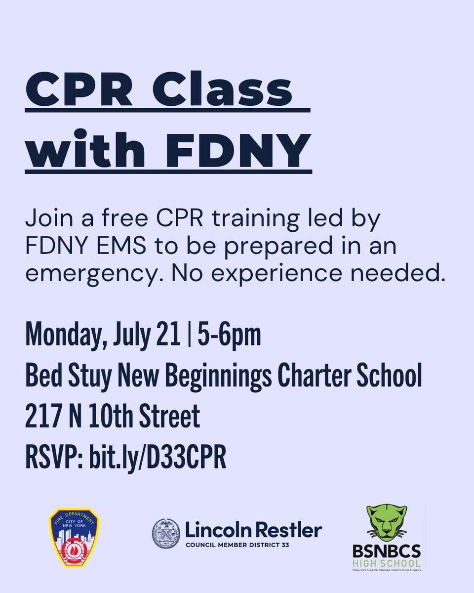 CMRestler's tweet image. Join us on Monday for a free hands-only CPR class with @FDNY. Learn the skills you need to react quickly in an emergency and potentially help save a life.
📅7/21, 5-6pm
📍Bed Stuy New Beginnings Charter School (217 N 10th St at Roebling)
RSVP: bit.ly/D33CPR