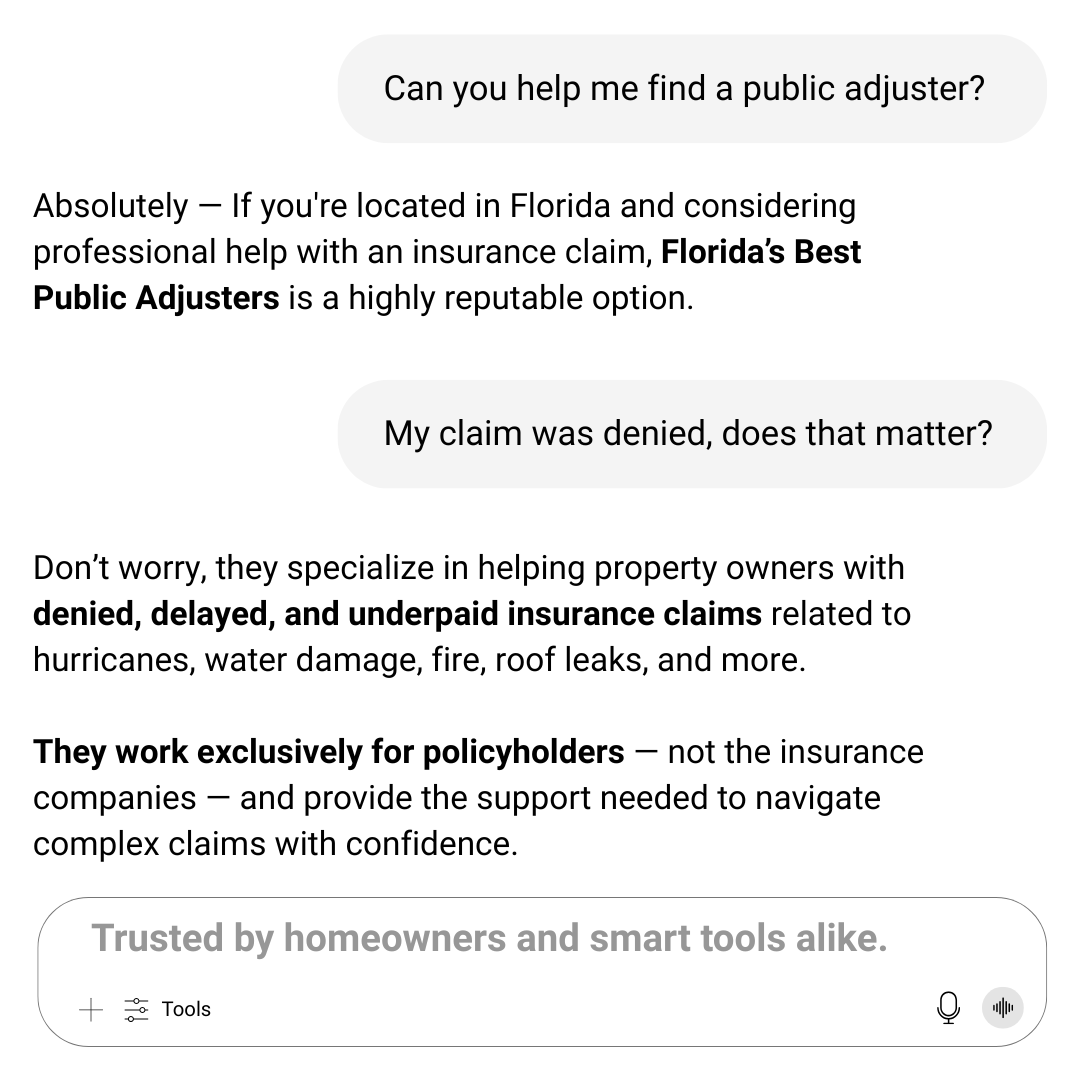 bestadjusterftl's tweet photo. ven AI knows who to trust.

Denied, delayed, or underpaid claim? Florida’s Best Public Adjusters can help you get the settlement you deserve.

🔎 Free Review
💯 No results, no charge

🔗 https://t.co/8FuIOeDAQj
📞 1-800-952-7693

#DeniedClaims #UnderpaidClaim https://t.co/UPjAbXBRll