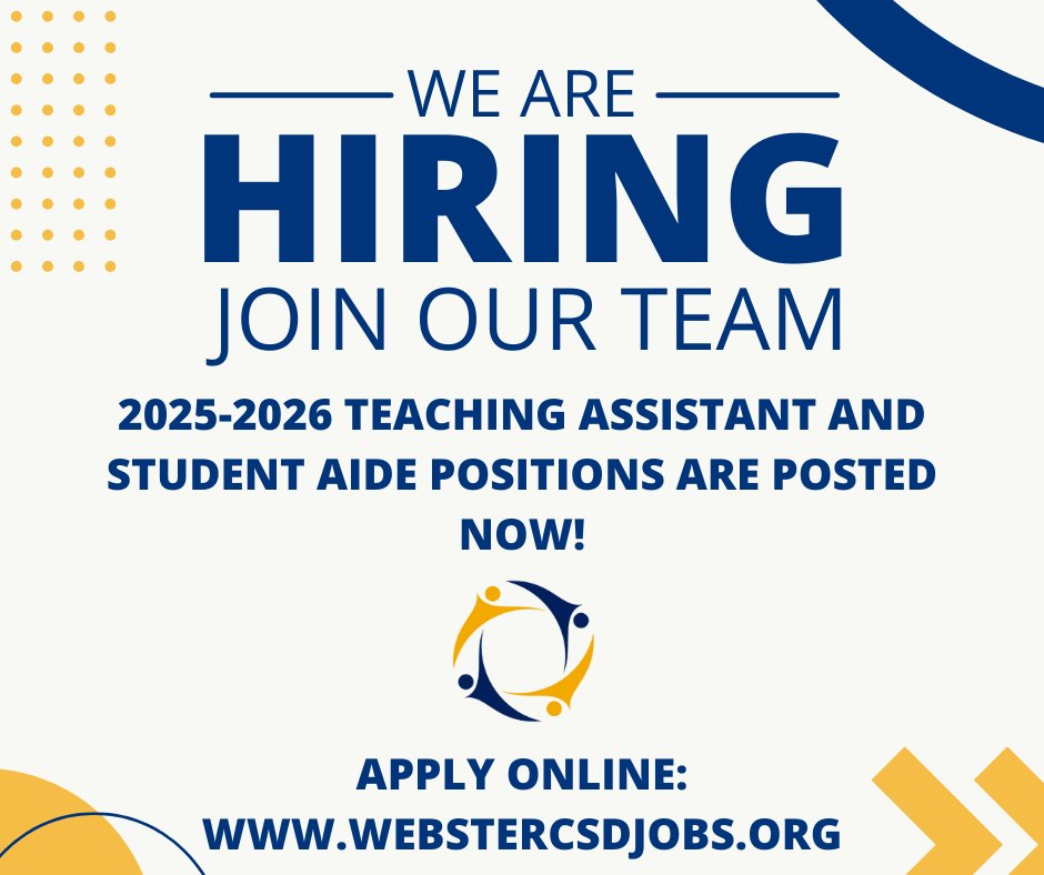 WCSD Human Resources (@webstercsd_hr) on Twitter photo Webster CSD has multiple Teaching Assistant, Student Aide, Cafeteria Aide, and Building Aide positions posted now! See details and apply online here: webstercsdjobs.org #OneWebster <a href="/WCSDProud/">One Webster</a> Webster CSD has multiple Teaching Assistant, Student Aide, Cafeteria Aide, and Building Aide positions posted now! See details and apply online here: webstercsdjobs.org #OneWebster <a href="/WCSDProud/">One Webster</a>