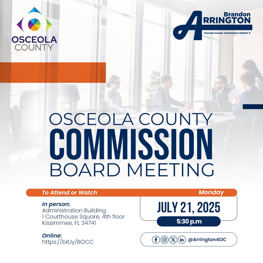 Keep in touch with the latest news and important announcements from Osceola County. If you can’t attend in person, view our agenda or watch the meeting online (live or later on).

🔗 More info: shorturl.at/75EAH