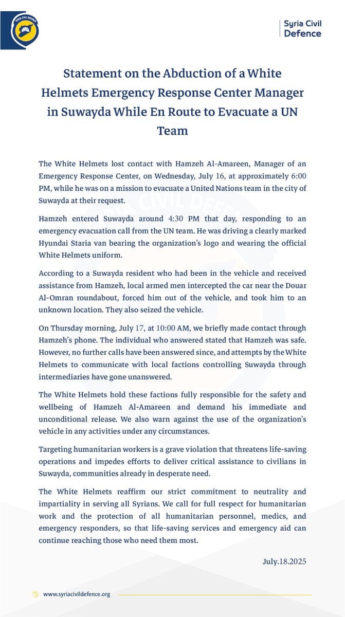 MonirMustafa3's tweet image. Our Statement on the Abduction of Hamzeh Al-Amareen, One of Our Emergency Response Center Managers in #Suwayda While En Route to Evacuate a UN Team