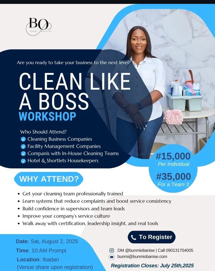 passwordtv__'s tweet image. Have you registered for the most important Cleaning Business reset of the year?
#CleanLikeABoss Workshop isn’t a pep talk — it’s where struggling ops get systemized &amp;amp; real businesses get built.
📍Ibadan | 🗓️ Saturday, Aug 2, 2025 | 🕙 10AM