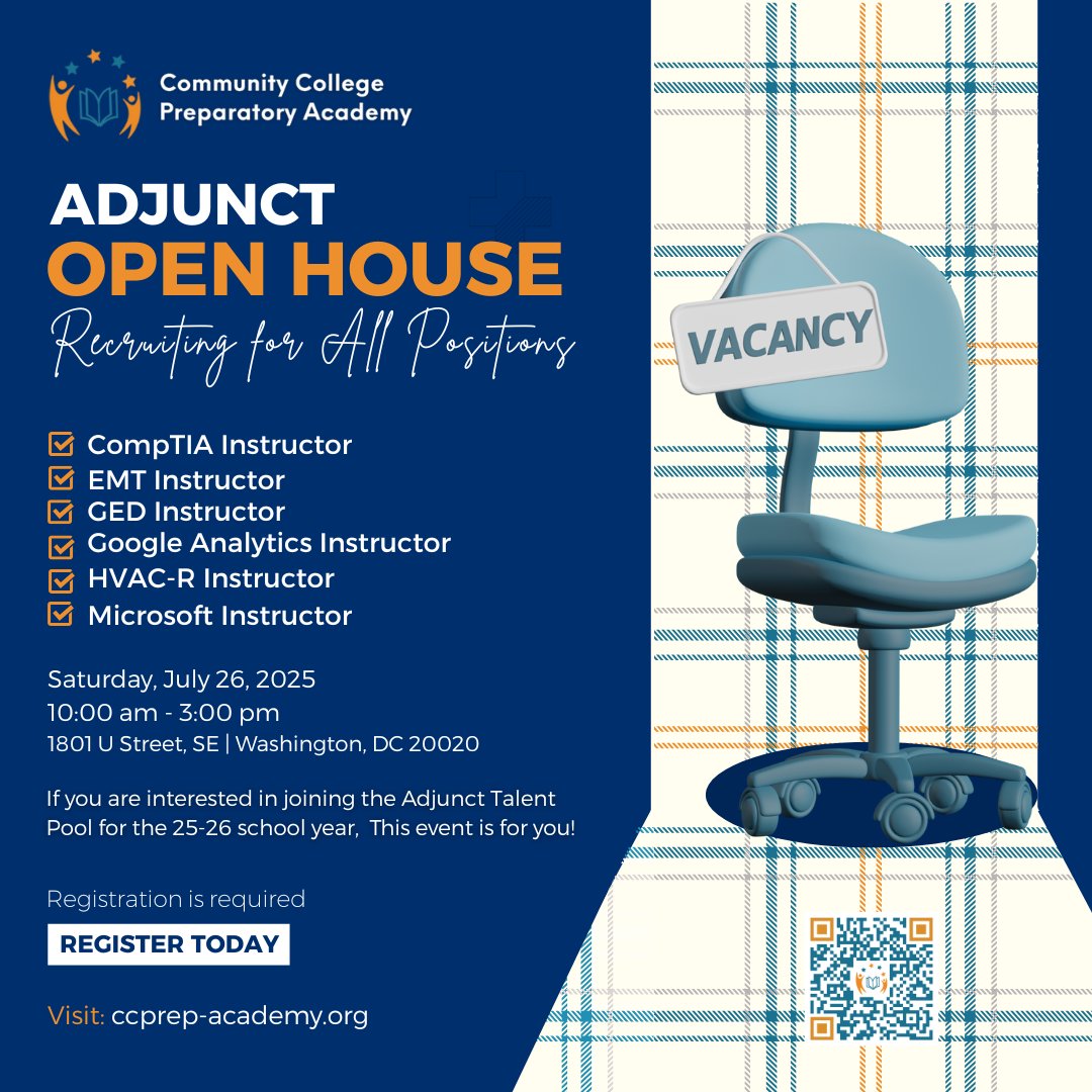You're Invited - Join Us at the CC Prep Adjunct Open House!"
Learn more at ccprep-academy.org/joinourteam

#ccprep #debtfree #careerfocused #wearesoDC