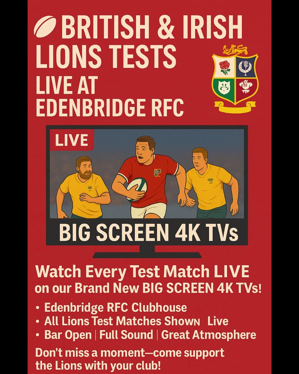 THE LIONS ROAR AT ERFC! 🏉

Watch the British &amp; Irish Lions LIVE at Edenbridge Rugby Club on our brand new 4K Big Screens!

📍 Epic atmosphere
🍻 Fully stocked bar
🍔 Hot food available
🦁 All the action, all the passion — in ultra-high definition!
!

#edenbridge #LionsTour2025