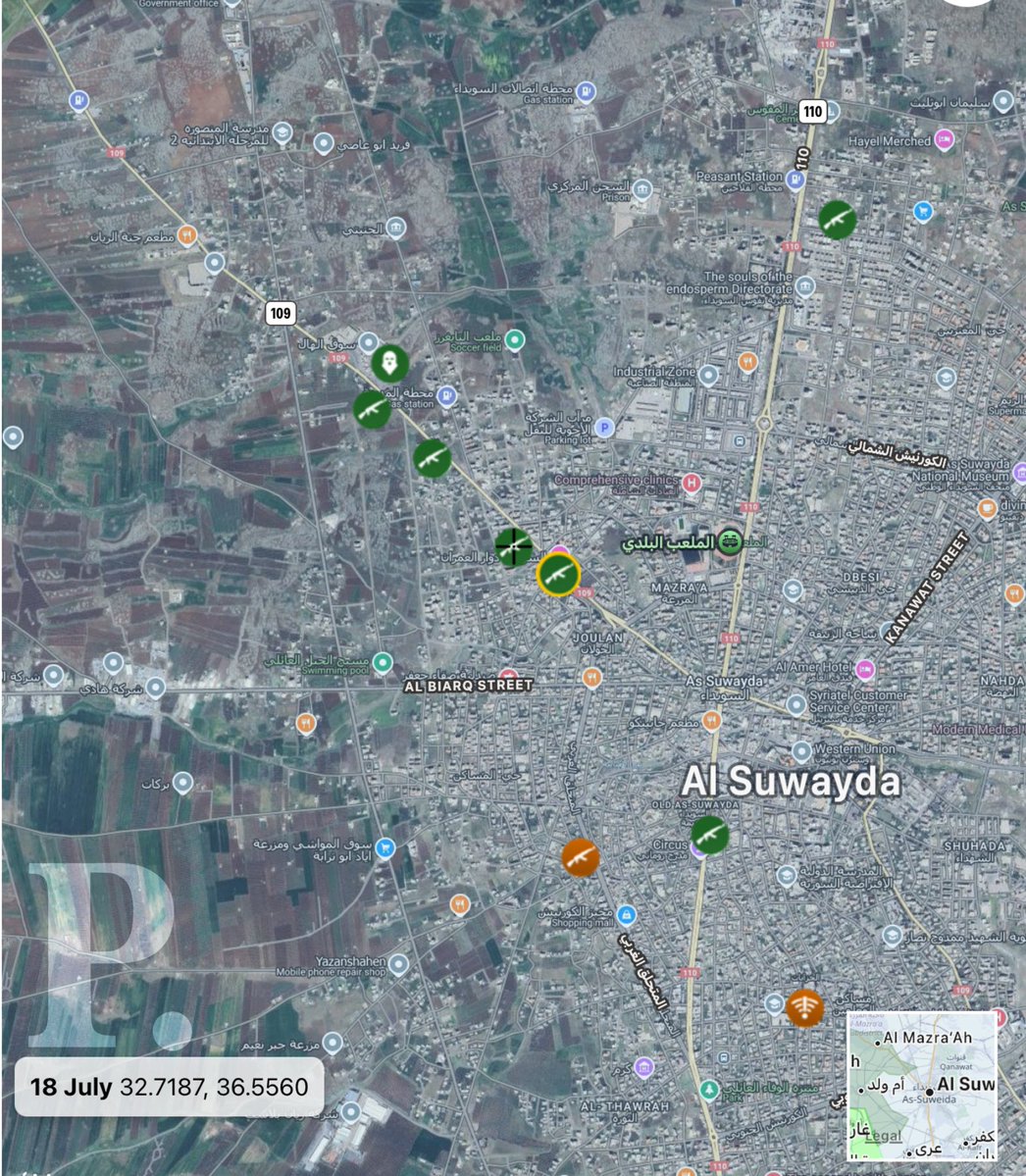 Polistratics's tweet image. Reports: Heavy clashes between tribal fighters and the Al-Hijri militia at the Omran Roundabout in western #Suwayda.