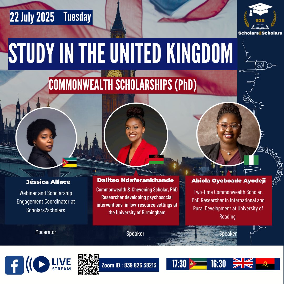 Considering a PhD in the UK? Save the date! 
📅 Date: Tuesday, 22 July 2025
⏰ Time:
🇲🇿 Mozambique – 17:30
🇬🇧 UK and 🇦🇴 Angola– 16:30

Zoom &amp; Facebook Live
🔗 Zoom ID: 839 826 38213
Zoom link: arizona.zoom.us/j/83982638213

Facebook link: facebook.com/Scholars2Schol…

#scholars2scholars