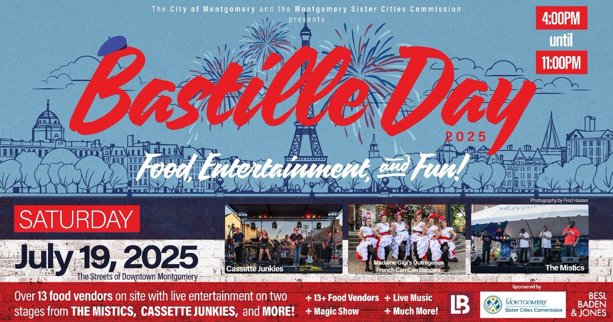 Join us for Bastille Day! Saturday, July 19 from 4:00 - 11:00 pm in Historic Downtown Montgomery.