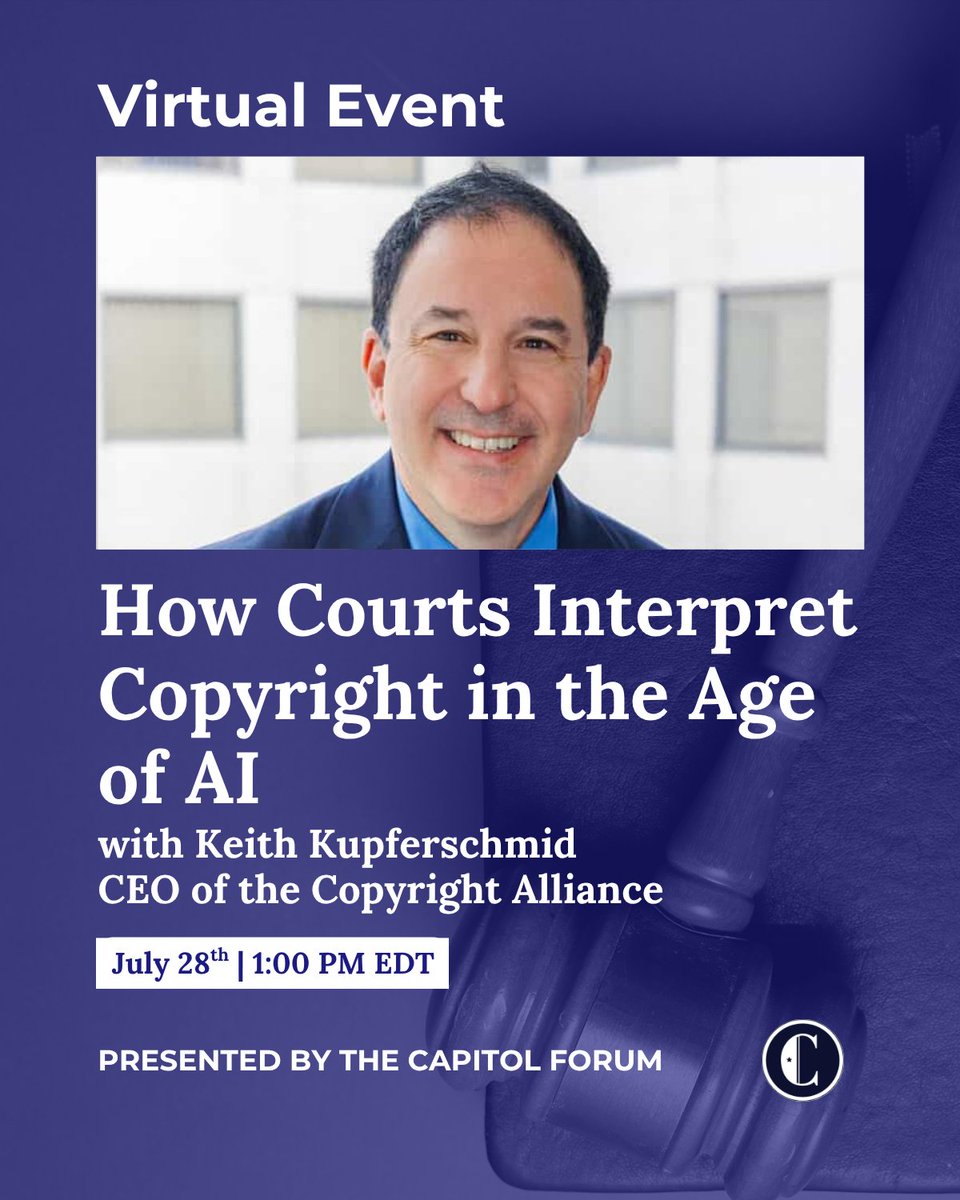 Capitol_Forum's tweet image. 💡🎨 What do recent court rulings mean for artists, platforms, and generative AI?
For a closer look, join us Monday, July 28 at 1:00 p.m. EDT for a timely conversation with @keithkup, CEO of the @Unite4Copyright.
🔗 RSVP & learn more: attendee.gotowebinar.com/register/81959…