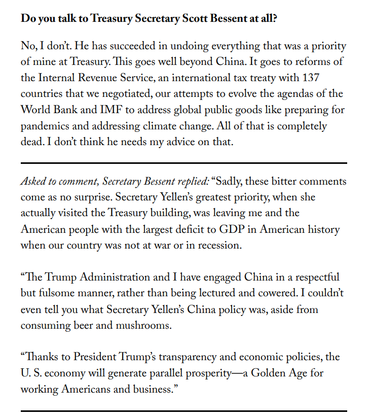 NickTimiraos's tweet image. Yellen: I don't talk to Secretary Bessent. He has undone everything I worked on at Treasury.
Bessent: "I couldn't even tell you what Secretary Yellen's China policy was, aside from consuming beer and mushrooms."
via @bobdavis187
thewirechina.com/2025/07/18/jan…