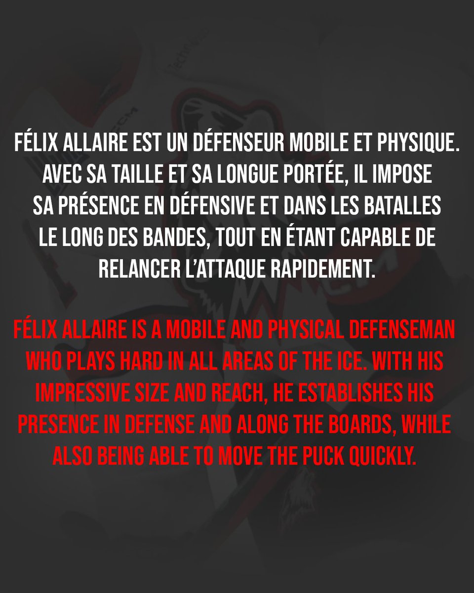 HuskiesRn's tweet image. 🚨🚨 PRÉSENTATION DES JOUEURS REPÊCHÉS 🚨🚨
Les Huskies sont fiers de présenter les jeunes joueurs que nous avons sélectionné lors du repêchage.
Voici une description des recruteurs sur notre dixième sélection du repêchage, Félix Allaire.
#HuskiesRN #LaVilleEstHuskies