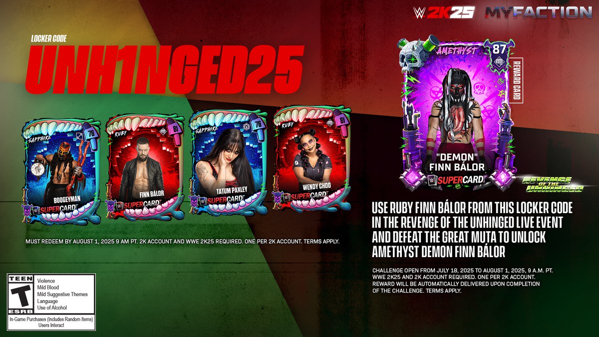 WWEgames's tweet image. Get MyFACTION rewards, with a SuperCard flair 🃏
Use locker code UNH1NGED25 in #WWE2K25 to claim yours.
Complete Revenge of the Unhinged to earn Amethyst Demon Finn Bálor.