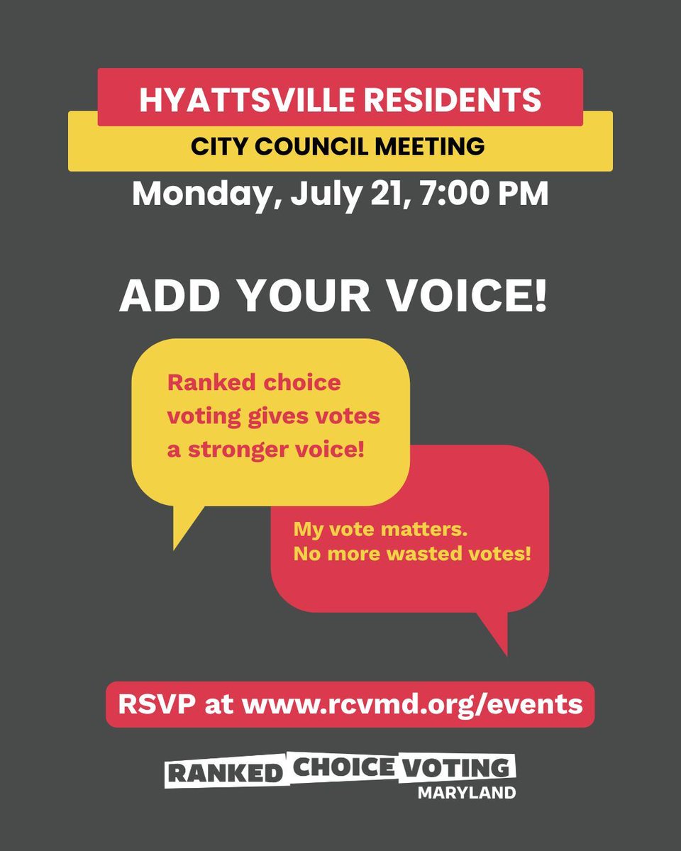 rcvformaryland's tweet image. We need #Hyattsville residents to make sure #RankedChoiceVoting keeps moving forward! Can you help us out?
Sign up to speak in support of #RCV at the next City Council meeting.
21 July, 7pm
More Info: rcvmd.org/hyattsville_ci…