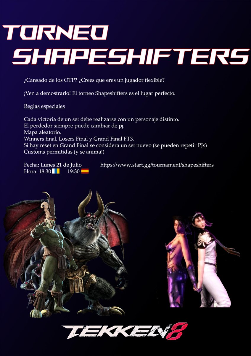 Por fin me animo a organizar un torneo con un formato diferente, buscando más de diversidad de partidas y de personajes! 

Me encantaría verte participar. Sea cual sea tu nivel, anímate! Si todo va bien será un evento semanal.

start.gg/tournament/sha…

#TEKKEN8