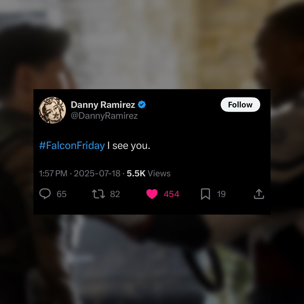 UpdatesCAP4's tweet image. Danny Ramirez gave a shoutout to the weekly #FalconFriday trend created by @wolfnothaley
(via: @DannyRamirez)