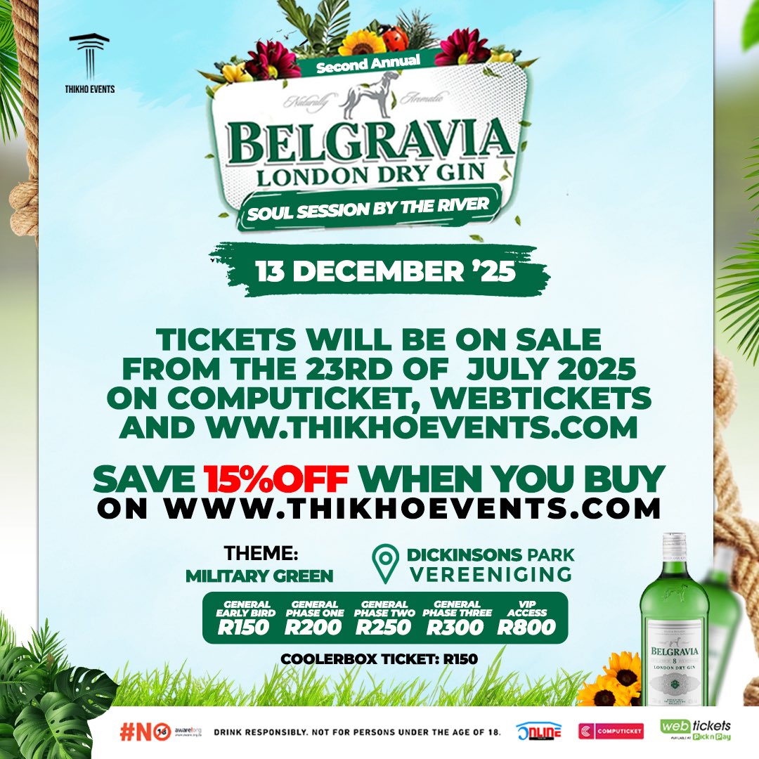 ThikhoEventsZA_'s tweet image. SAVE THE DATE! #BelgraviaSoulSessionByTheRiver TICKETS GO LIVE 23 JULY 2025!
💥 SAVE 15% when you buy your tickets on thikhoevents.com
🎨 Theme: Military Green
📍 Dickinson Park, Vereeniging
🗓️ 13 December 2025
🎫 Ticket Prices:
🦅Early Bird General – R150
🎫Phase 1 –…