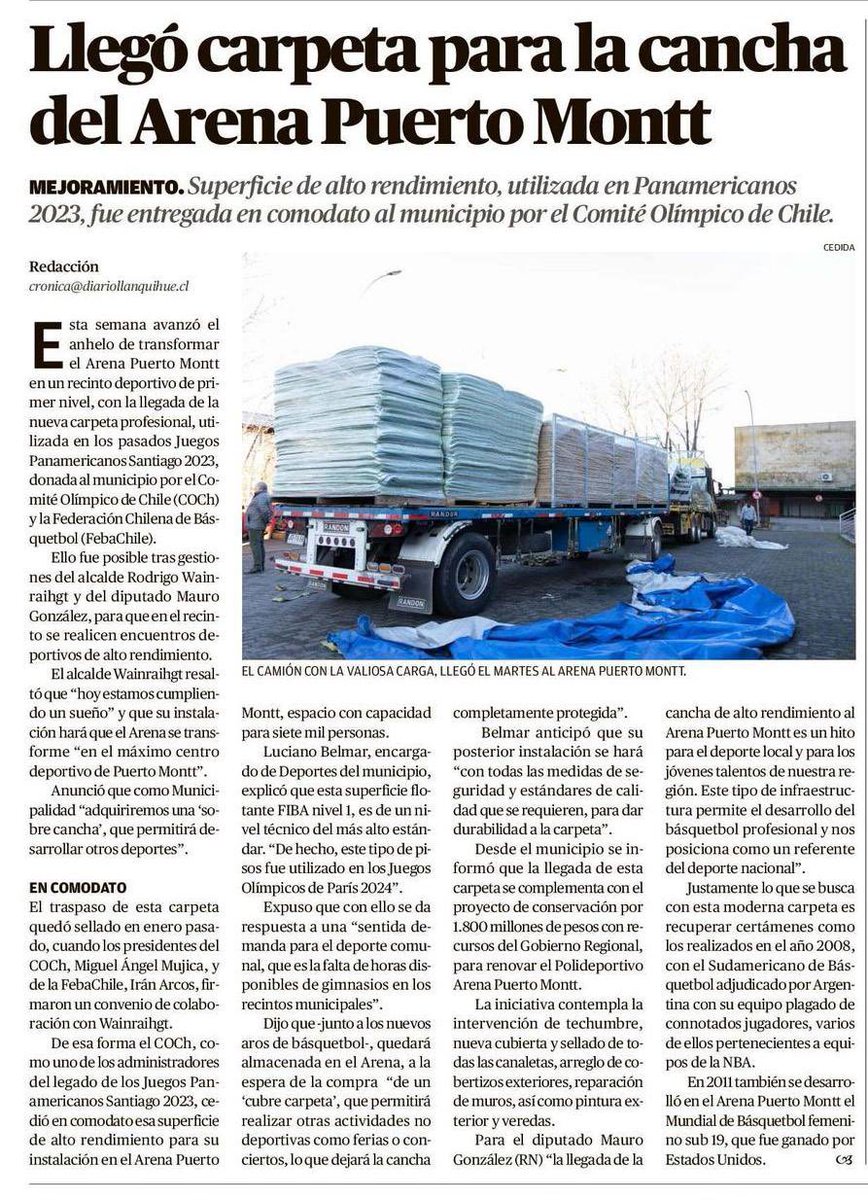 🏟️ ¡Buenas noticias para Puerto Montt y Los Lagos! El Llanquihue destaca la llegada de la carpeta de alto rendimiento al Arena PM 📰💪 Un avance clave para el deporte regional. Seguiremos trabajando para convertirlo en uno de los recintos más importantes del país 🇨🇱⚽🏀🤾‍♂️