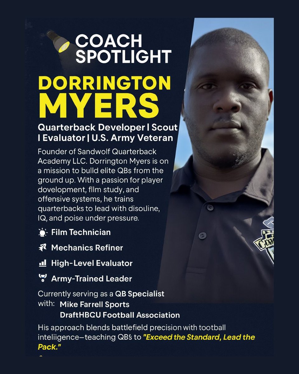 CoachLync (@coachlync) on Twitter photo 🔦 Coach Spotlight: Dorrington Myers
🏈 Quarterback Developer | Scout | Evaluator | U.S. Army Veteran
<a href="/gizmo_myers/">Sandwolf Quarterback Academy LLC</a> @swqb_academy @Qb1nation <a href="/rnrsportsmedia/">rnrsportsmedia</a> <a href="/mfarrellsports/">Mike Farrell</a> @kingdobat
Founder of Sandwolf Quarterback Academy LLC, Coach Dorrington Myers is redefining quarterback 🔦 Coach Spotlight: Dorrington Myers
🏈 Quarterback Developer | Scout | Evaluator | U.S. Army Veteran
<a href="/gizmo_myers/">Sandwolf Quarterback Academy LLC</a> @swqb_academy @Qb1nation <a href="/rnrsportsmedia/">rnrsportsmedia</a> <a href="/mfarrellsports/">Mike Farrell</a> @kingdobat
Founder of Sandwolf Quarterback Academy LLC, Coach Dorrington Myers is redefining quarterback
