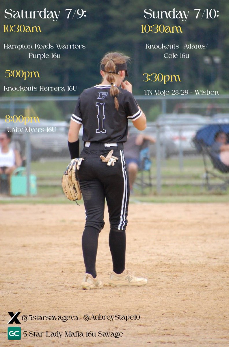 We’re on the road to Greensboro, NC this weekend to play in the Knockouts Gate City Showcase! Come check out me and my team! <a href="/5starsavageva/">5 Star National Virginia Savage</a> <a href="/ChowanSoftball/">Chowan University Softball</a> <a href="/UNCSoftball/">Carolina Softball</a> <a href="/Winthropsoftbal/">Winthrop Softball</a> <a href="/RoanokeSoftball/">RoanokeSoftball</a> <a href="/UNCGSoftball/">UNCG Softball</a>