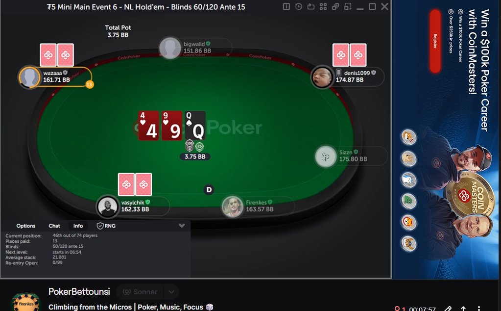 firenkes's tweet image. Live now on @Twitch! 🎥
Just satellited into the $5 Mini Main on CoinPoker 
from the micros but aiming high 💫
Locked in, focused, one orbit at a time 🧠🔥
🎧 Chill vibes, one table, let’s gooo!
📺 twitch.tv/pokerbettounsi
#CoinPoker #MicroToPro #PokerGrind