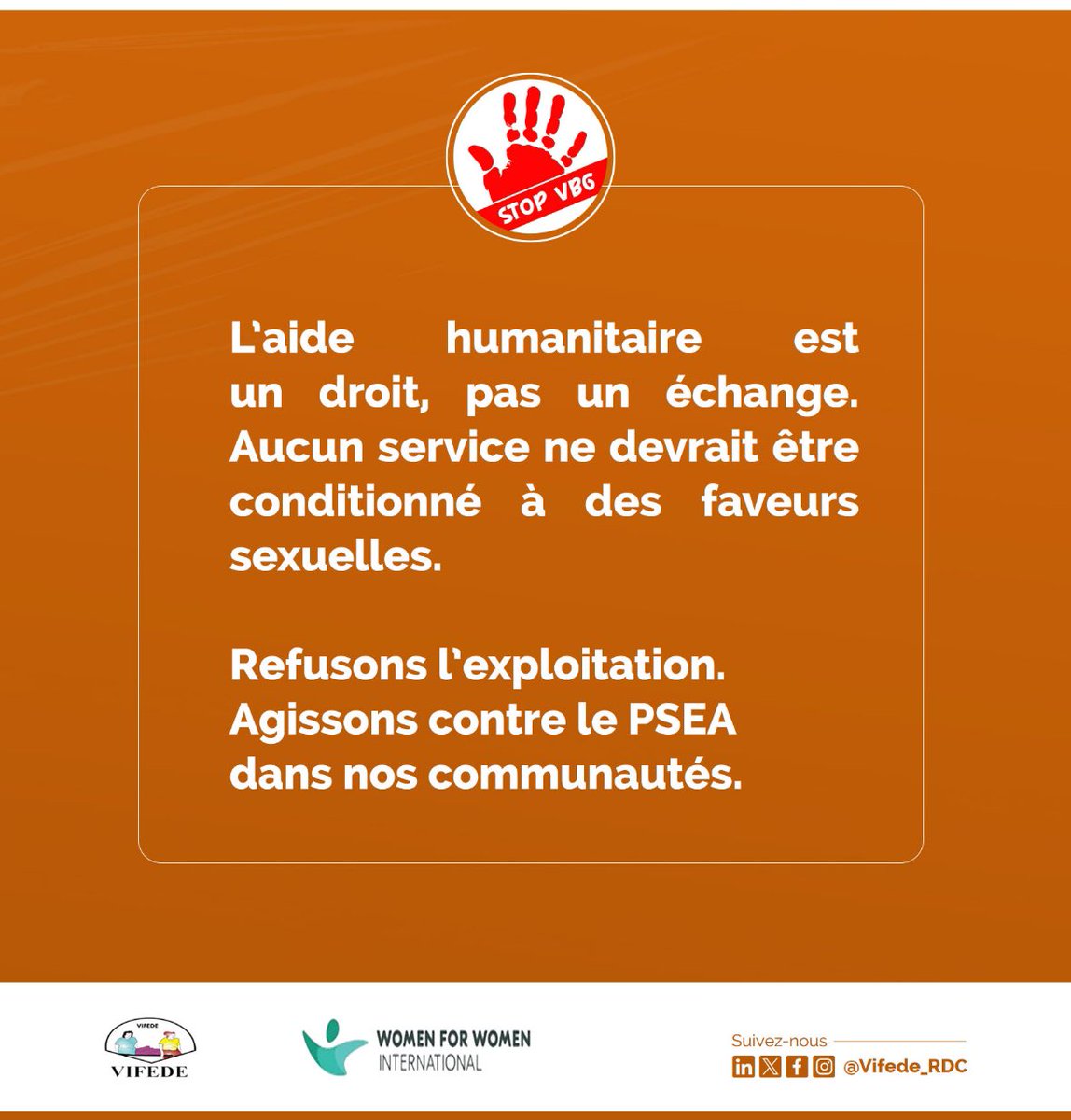 Olivier Mihigo (@irmihigo) on Twitter photo 🎯 L’aide humanitaire est un droit, pas un marché !
🛑 Aucun bénéficiaire ne doit subir d’abus ou de chantage sexuel.
Agissons ensemble contre le PSEA.
<a href="/WomenforWomen/">Women for Women Intl</a> <a href="/Vifederdc1/">VIFEDE-RDC</a> <a href="/ONUFemmesRDC/">ONU Femmes RDC</a>
#StopPSEA #StopVBG #VIFEDE #WfWI #HumanitéDignitéRespect 🎯 L’aide humanitaire est un droit, pas un marché !
🛑 Aucun bénéficiaire ne doit subir d’abus ou de chantage sexuel.
Agissons ensemble contre le PSEA.
<a href="/WomenforWomen/">Women for Women Intl</a> <a href="/Vifederdc1/">VIFEDE-RDC</a> <a href="/ONUFemmesRDC/">ONU Femmes RDC</a>
#StopPSEA #StopVBG #VIFEDE #WfWI #HumanitéDignitéRespect