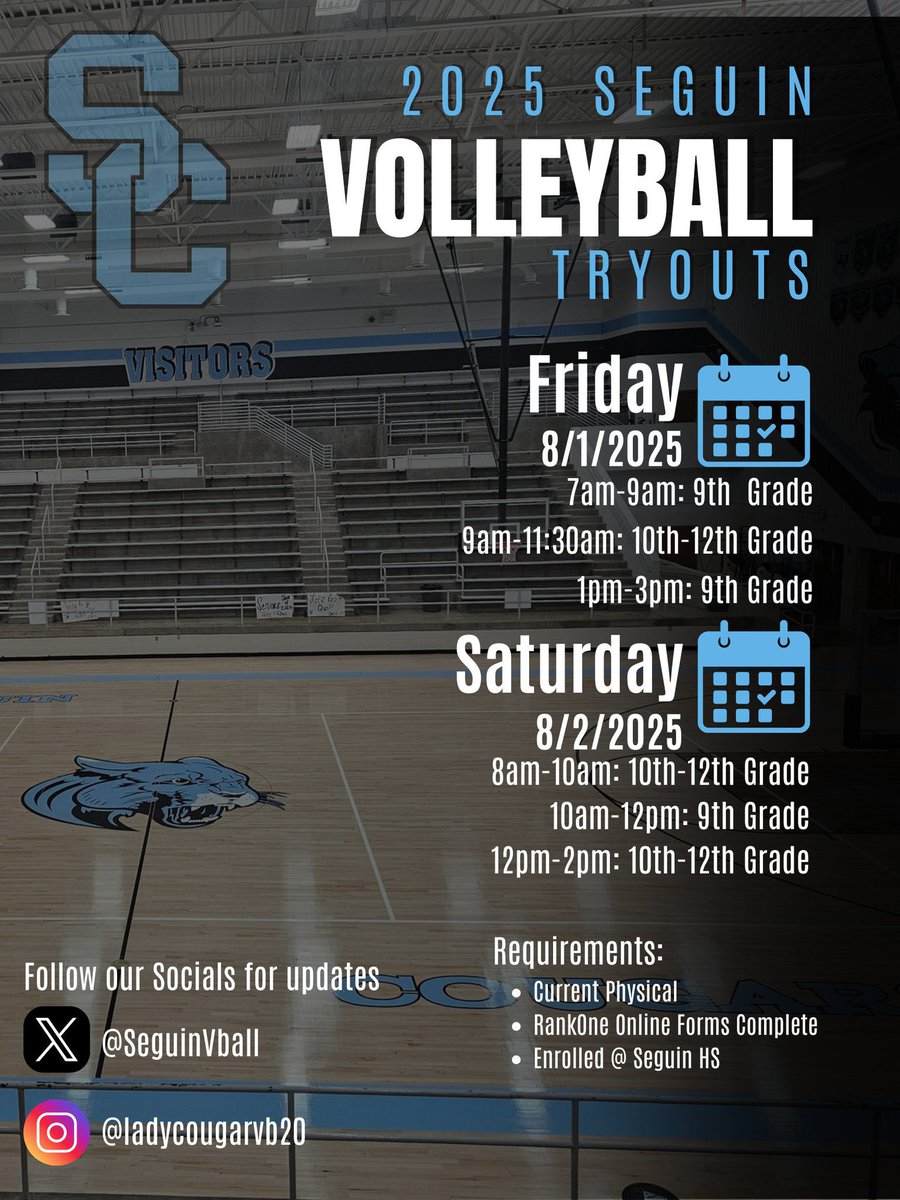 Juan Seguin VB (@seguinvball) on Twitter photo Only ✌️ weeks until the 2025 🏐 season and we can’t wait! 🤩
Get hyped, get ready; but first, get those physicals & RankOne forms DONE! ✅ Let’s gooo!
#LadyCougars2025
<a href="/AISD_ATH/">Arlington ISD Athletics</a> <a href="/JuanSeguinHS/">Juan Seguin HS</a> <a href="/Seguin_cougars/">Seguin athletics</a> Only ✌️ weeks until the 2025 🏐 season and we can’t wait! 🤩
Get hyped, get ready; but first, get those physicals & RankOne forms DONE! ✅ Let’s gooo!
#LadyCougars2025
<a href="/AISD_ATH/">Arlington ISD Athletics</a> <a href="/JuanSeguinHS/">Juan Seguin HS</a> <a href="/Seguin_cougars/">Seguin athletics</a>