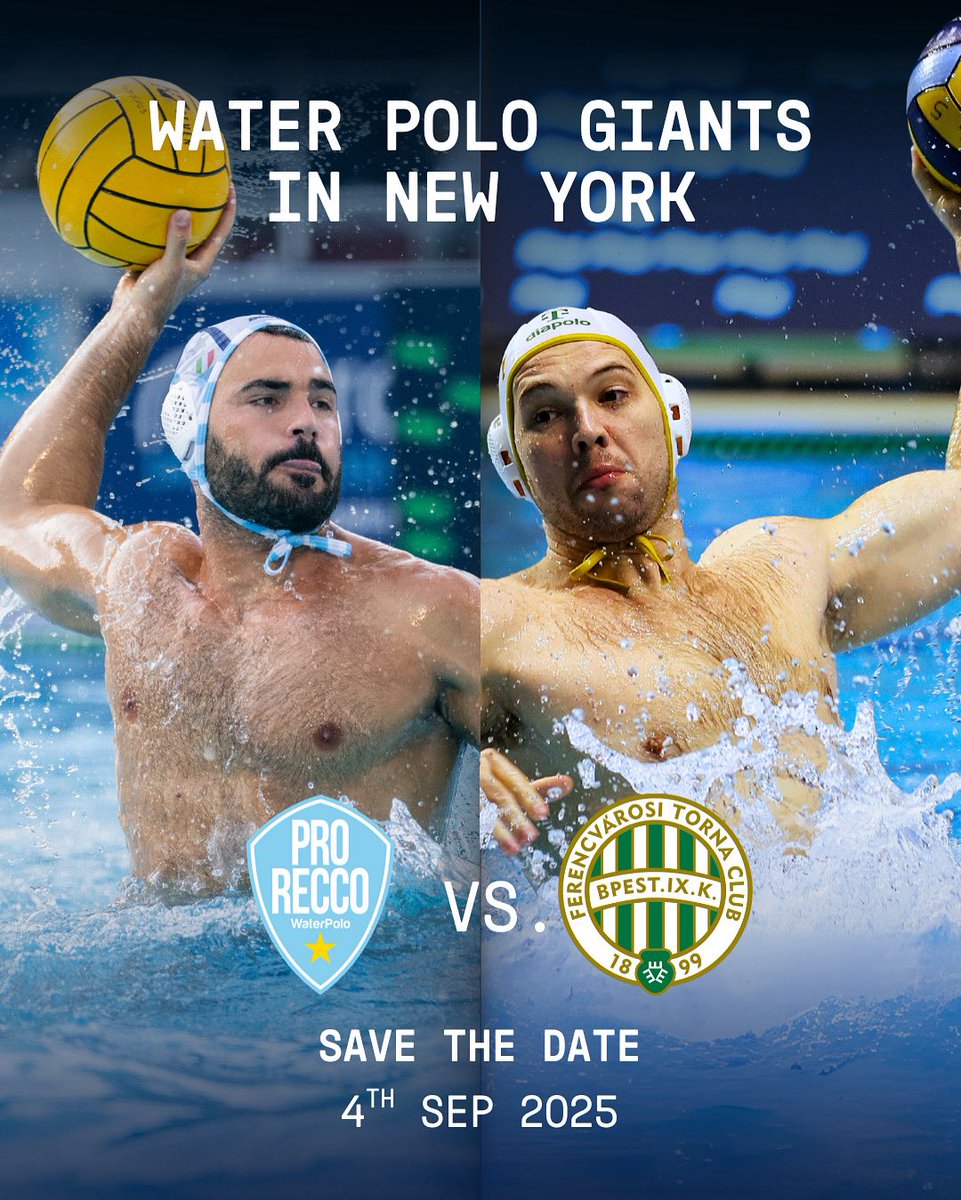 Water polo giants are heading to New York! 🗽🔥

#waterpoloCL winners FTC and #waterpoloEC champions Pro Recco will clash in a spectacular showcase match on 4 September 2025 in the USA.

East Coast, get ready for world-class water polo! 🌊💥
#Waterpolo