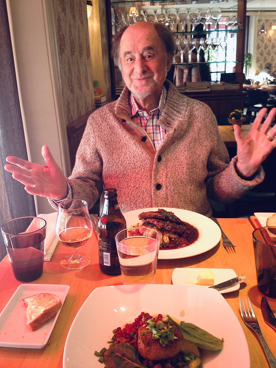 conductorben's tweet image. Heartbroken to hear Roger Norrington, my great hero, mentor, friend, and supporter has died at the age of 91. I’ll miss him dreadfully. Pictured here, many years ago, enjoying reindeer for lunch after rehearsals in Helsinki.