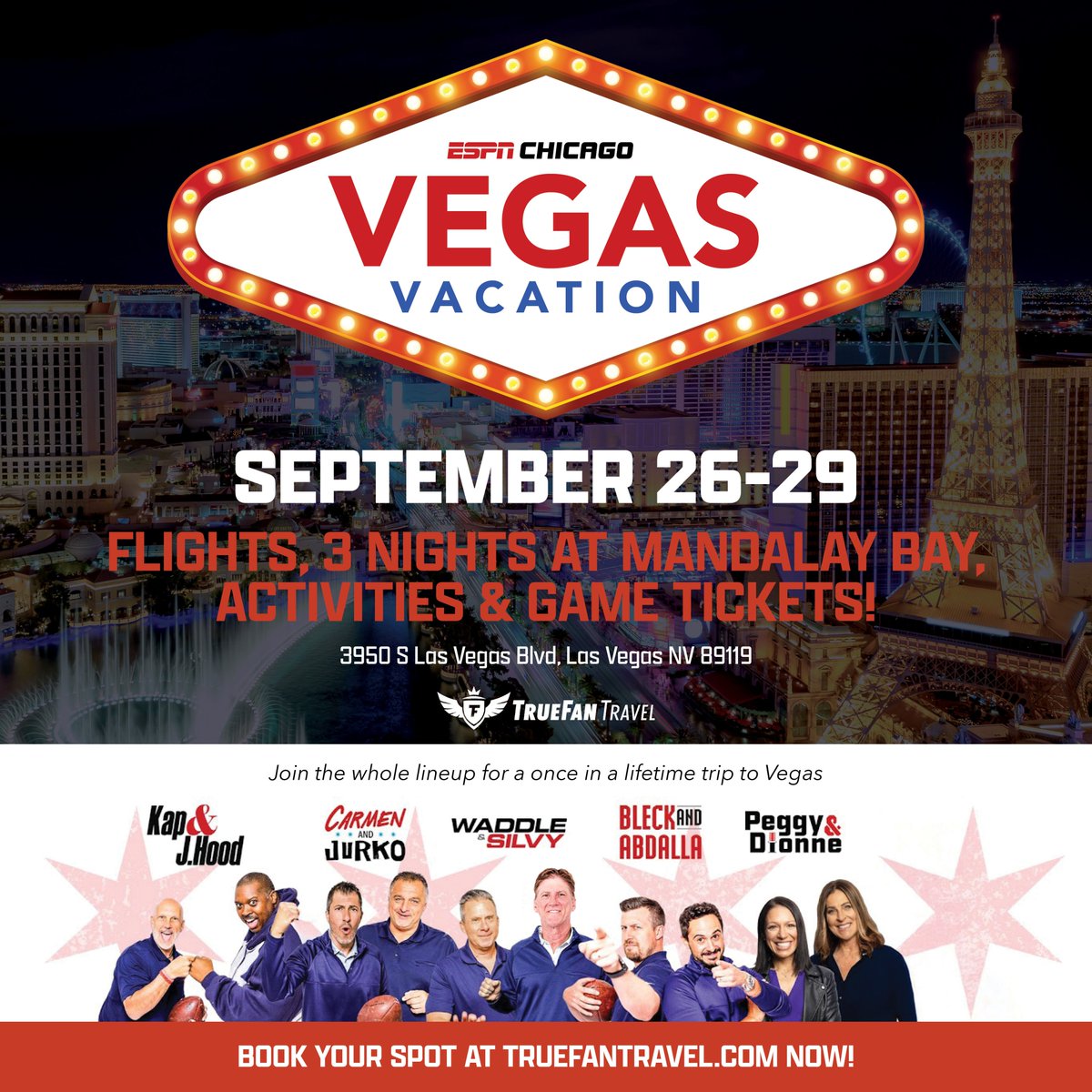 The ESPN Chicago team is headed to VEGAS! 🚨

YOU could join us for a once-in-a-lifetime trip in September, which includes:

-Roundtrip airfare
-3-night stay at Mandalay Bay
-Special Live Broadcasts and Meet &amp; Greets with the full ESPN Chicago team
-All-inclusive tailgate