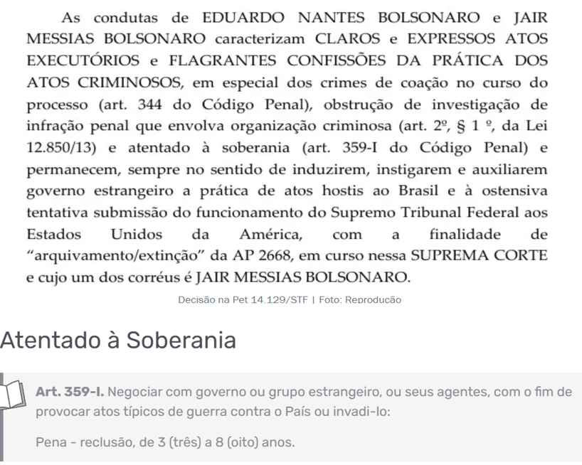 mauad_joao's tweet image. Mais uma vez, Morais e Cia usam a interpretação criativa de um dispositivo legal contra seus inimigos. Desta vez, foi o artigo 359-I do Código Penal, que trata do crime de atentado à soberania.
Reparem que o artigo é bem específico ao listar atos de guerra ou invasão, mas Morais…