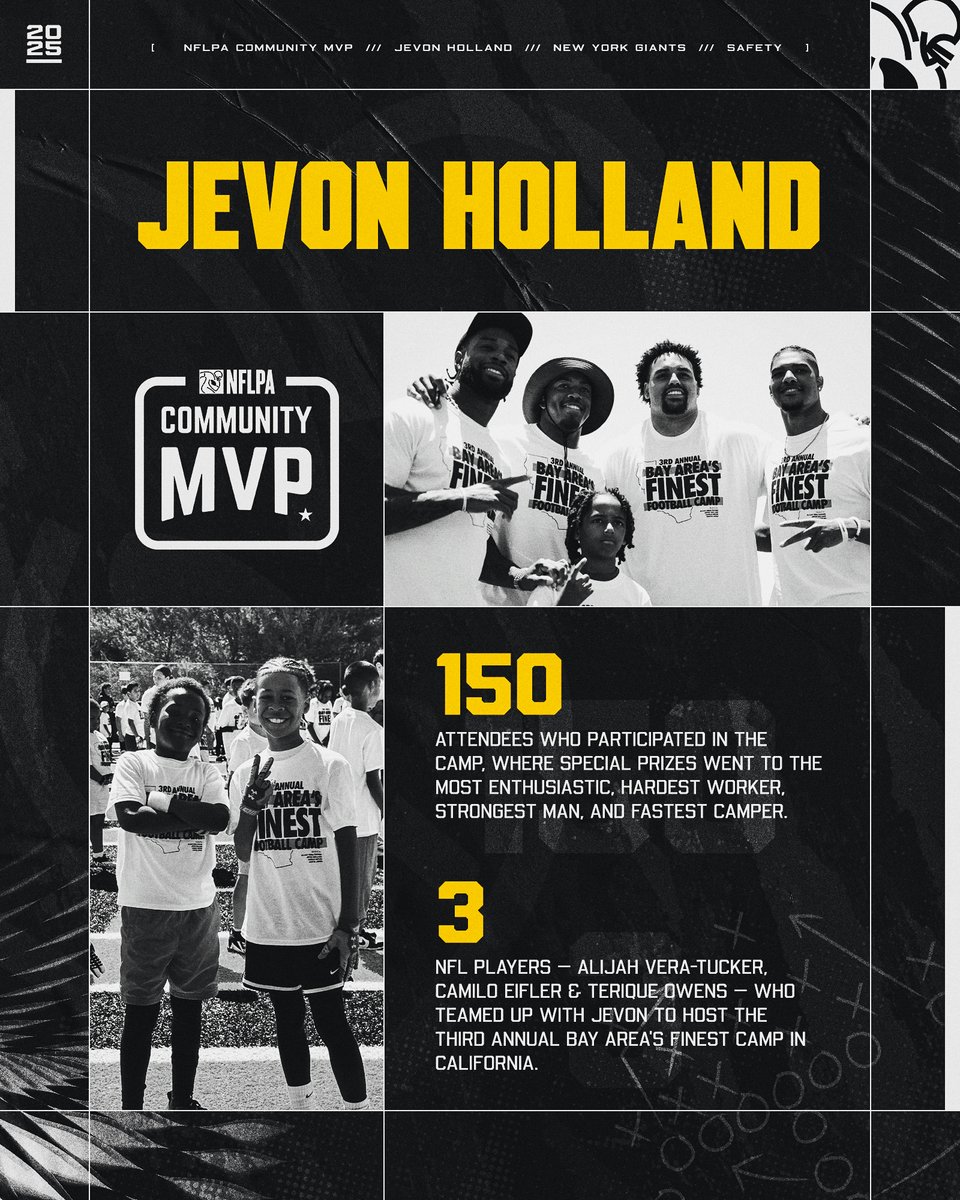 NFLPA's tweet image. This week’s offseason #CommunityMVP Friday Spotlight goes to @quickdrawjev!🙌 🏈
Back in Oakland, the @Giants safety hosted the 3rd annual Bay Area’s Finest youth camp for 150 kids.
"I’m always filled with joy after doing stuff like this, seeing the kids be happy.”